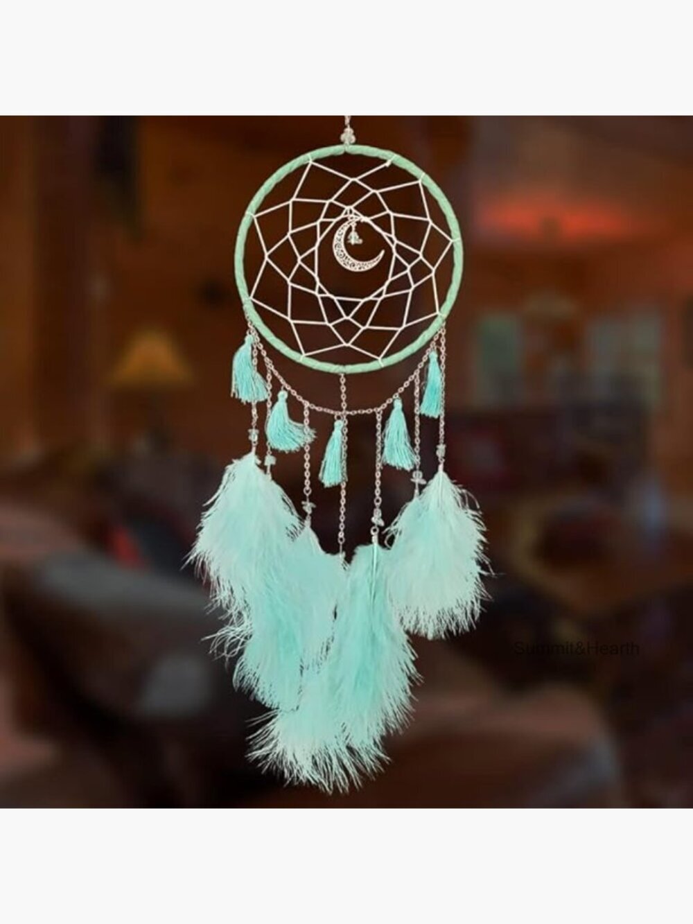 Handmade Metal Dream Catcher with Green Feathers, 6 Inch Wall Décor